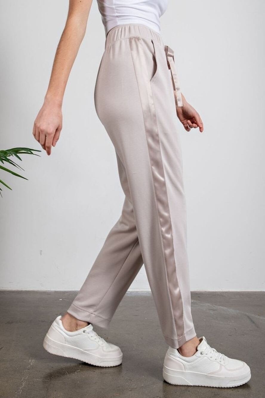 RAE MODE Pants LARGE Butter Soft Side Satin Joggers Taupe Satin Trim Pockets